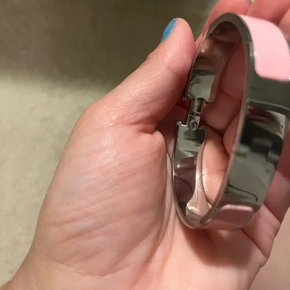 Hermes Inspired Pink Enamel H Bangle Bracelet Silver Tone - Picture 4 of 5